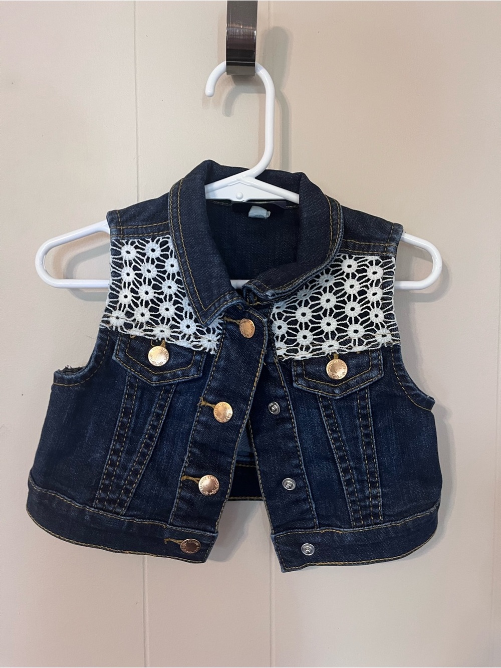 Girls' Dark Blue Denim Vest with White Crochet Detail